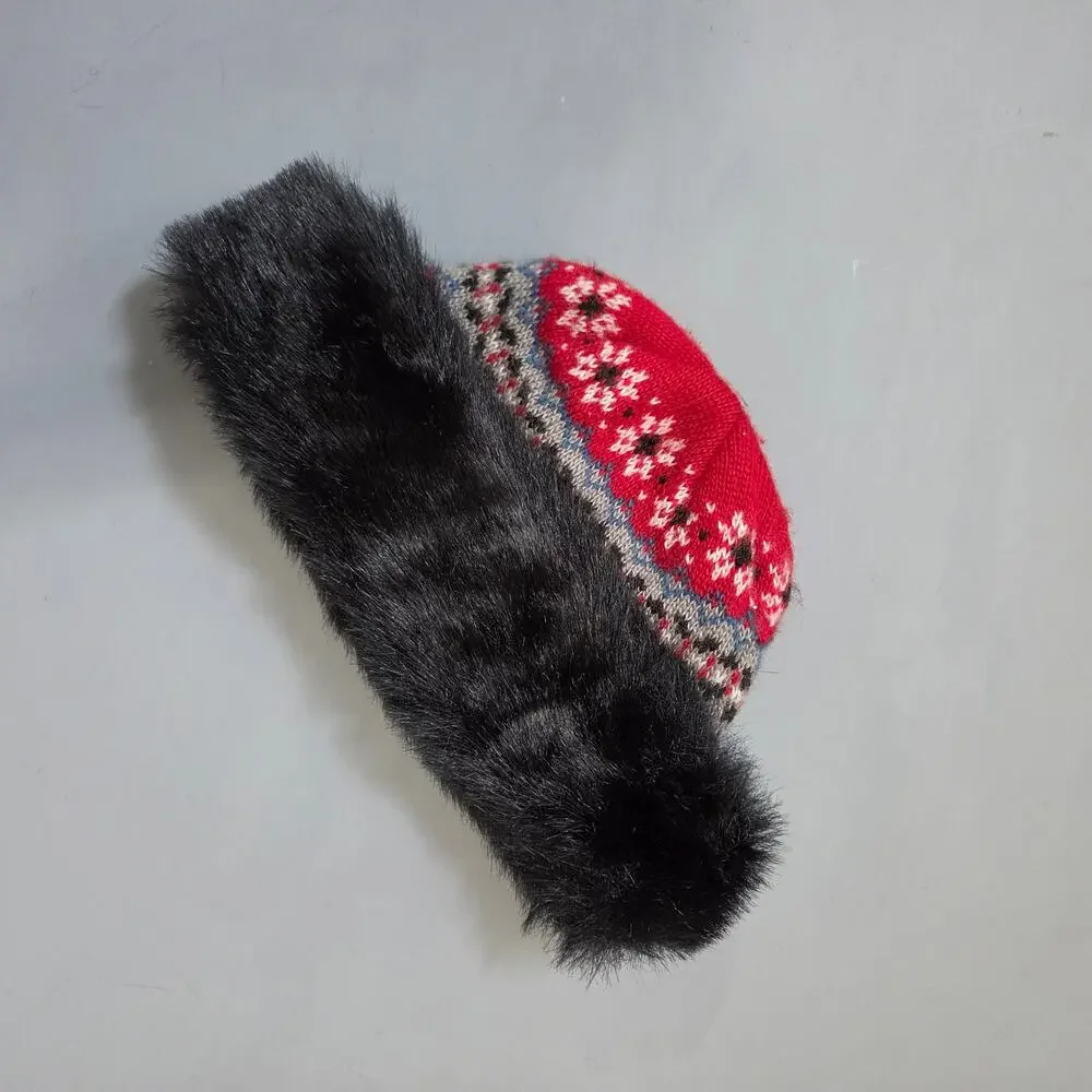 Fair Isle Knit Hat with Black Faux Fur Trim Womens One Size Winter Nordic